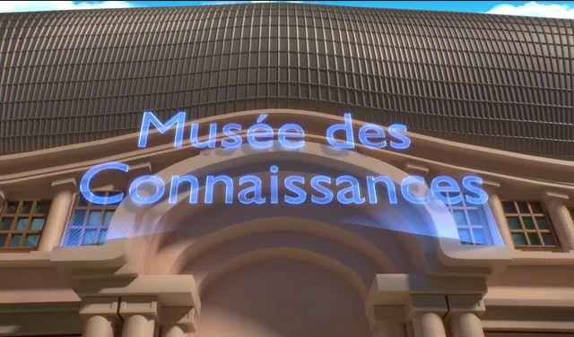 La façade du Musée des Connaissances et son enseigne holographique