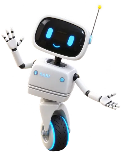 RABI, robot archiviste à roue unique, la main levée en salut