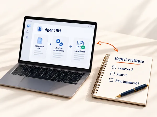 Un ordinateur affiche un agent RH qui transforme des documents RH en livrable, à côté d'un carnet « Esprit critique » où l'on coche : sources, biais, mon jugement.